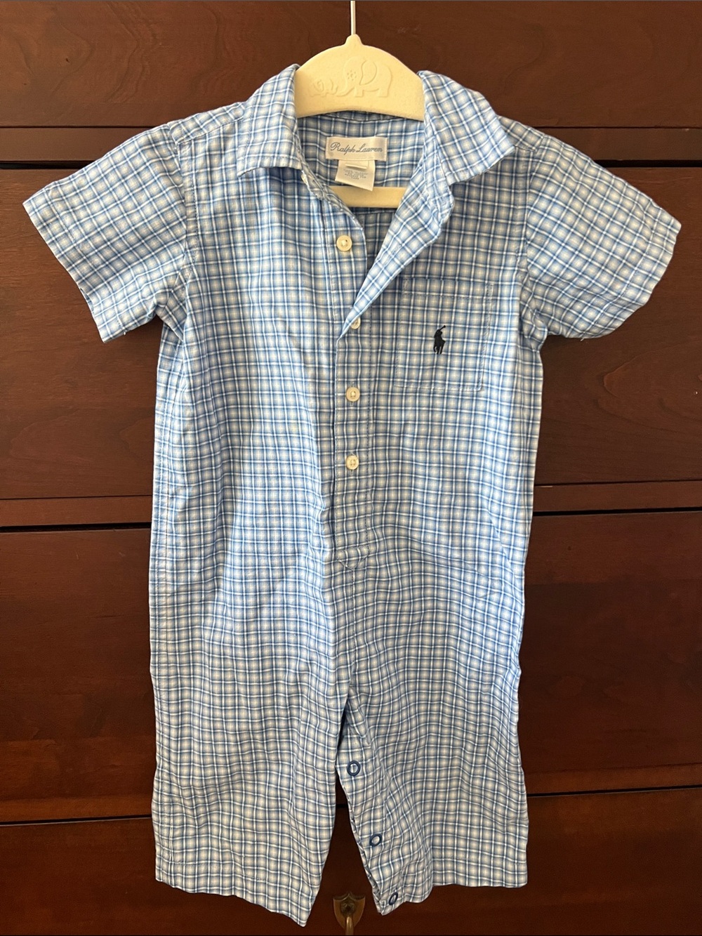 Ralph Lauren Blue and White Plaid Short-Sleeve Romper